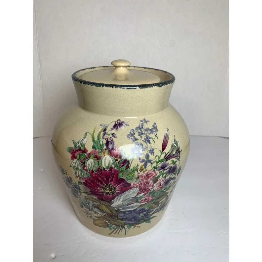 Home & Garden Party Floral Stoneware Cookie  Jar Canister Vintage 2001‎ USA XL